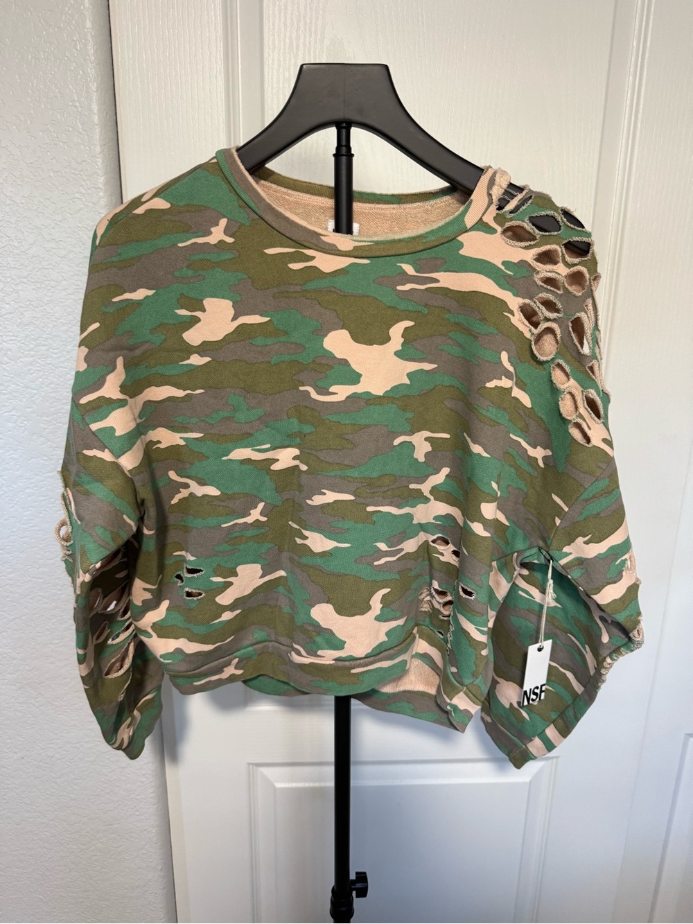 NSF Cropped Distressed Camo Sweatshirt - Green, Tan